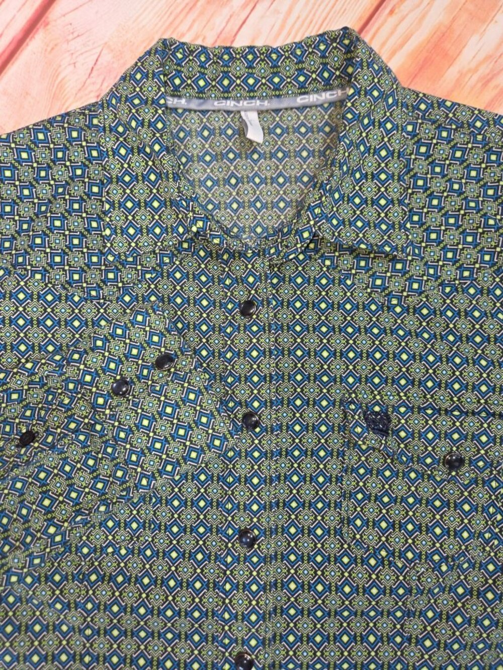 Cinch Womens Long Sleeve Diamond Print Western Shirt Medium Blue/Green - Picture 4 of 7